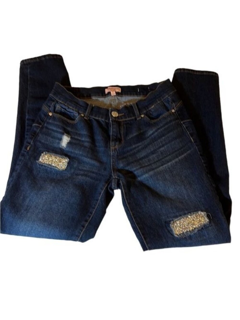Juicy Couture skinny jeans Y2K Dark wash distressed glittery patches Size 6 - Picture 4 of 16